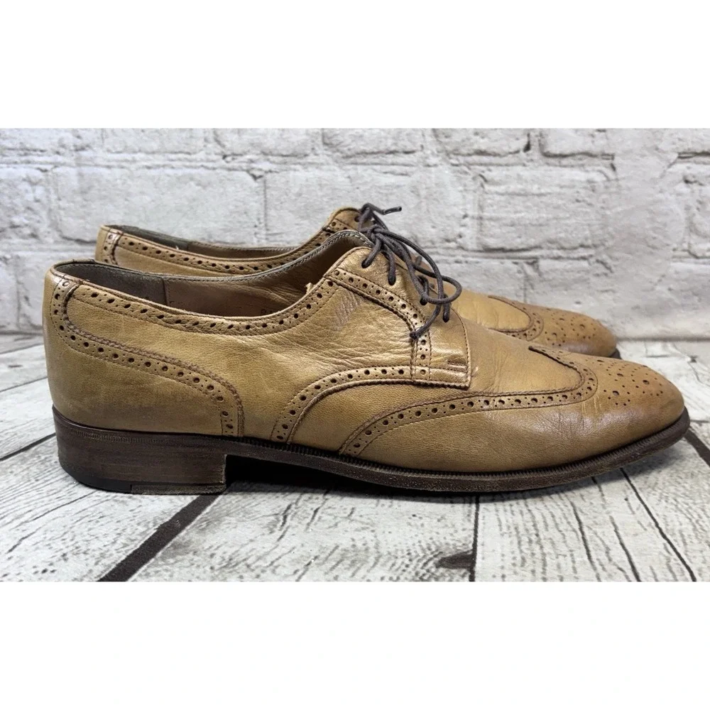 Salvatore Ferragamo Men's Tan Leather Wingtip Oxford Brogue‎ Shoes 8.5D Italy